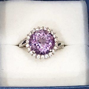 Rose de France Amethyst & Zircon halo ring in Platinum over 925 SS 6.85tcw sz 7